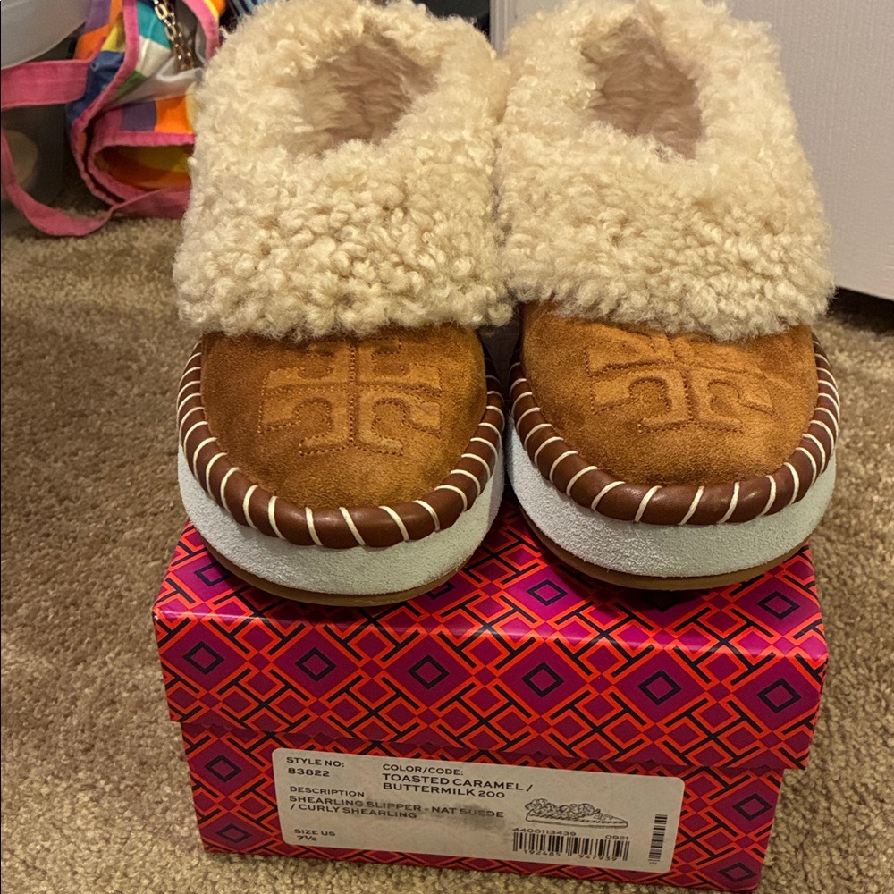 Tory Burch Suede Moccasin Slippers in Toasted Caramel with Cream Shearling